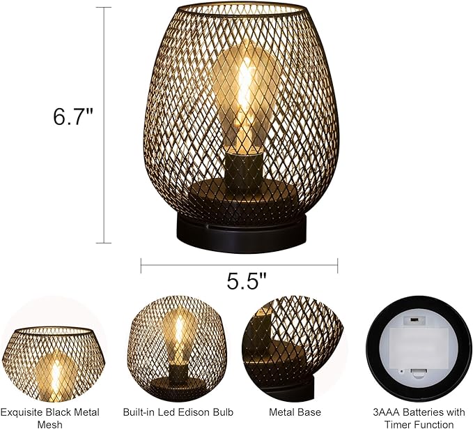 2 Pack Battery Operated Lamp Outdoor Table Lantern,Metal Cage Cordless Lamps with LED Bulb for Weddings Parties Patio Events Indoor Outdoor Patio Bedroom Living Room（Black