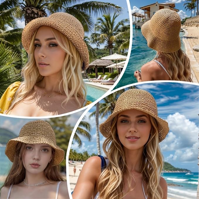 Floppy Big Beach Straw Hats for Women Foldable Summer Wide Brim Packable Sun Hat Womens Travel Straw Fedora Hat