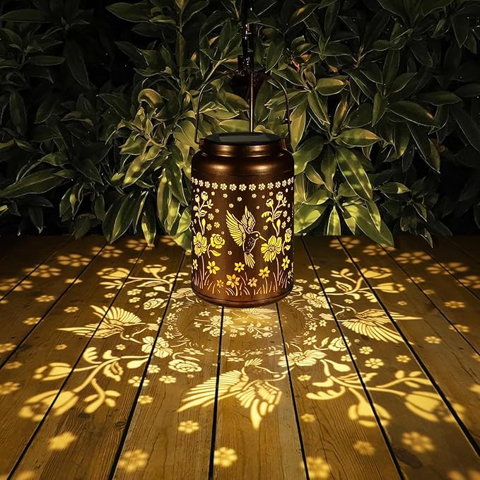 2 Pack Solar Lanterns Outdoor Waterproof, Hummingbird Garden Decor Gifts for Women Mom Grandma Hanging Solar Lights Metal Solar Decoration Outside for Yard, Patio, Lawn, Pathway, Landscape