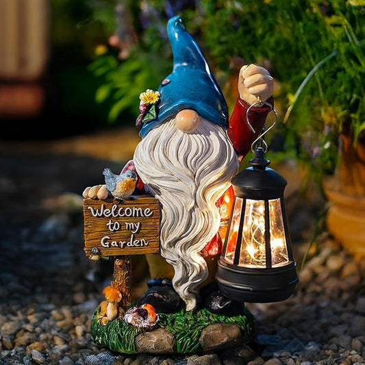 Garden Gnome Statues Figurine Lights - Solar Powered Lighting Outdoor Decorations with Lantern & Welcome Sign, Yard Art Lawn Ornaments for Porch Patio Balcony - Gnome Gifts for Women Mom