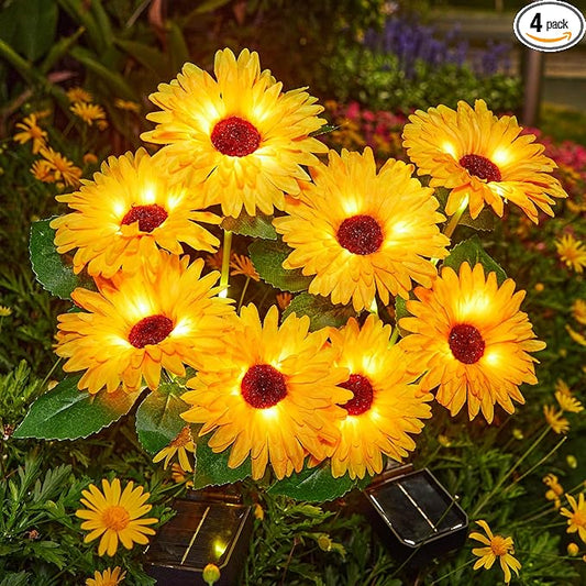 4 Pack Outdoor Solar Garden Lights with 16 Glowing Daisy Flowers & Stems, Waterproof Auto ON/Off Solar Flowers Lights for Yard Patio