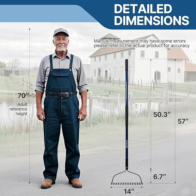 57 Inch Heavy Duty Garden Rake with Blue Fiberglass Handle - 14-Tooth Metal Yard Rake for Gardening, Farming, and Yard Work - Durable Hard Rakes for Heavy Duty Use