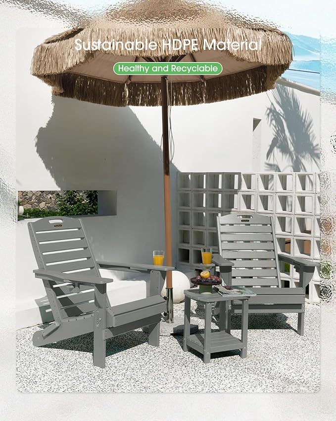 Adirondack Chairs Set of 2, Outdoor Fire Pit Chairs, HDPE All-Weather Adirondack Chairs with Cup Holder, Lawn Chair for Deck, Patio, Garden (Grey)