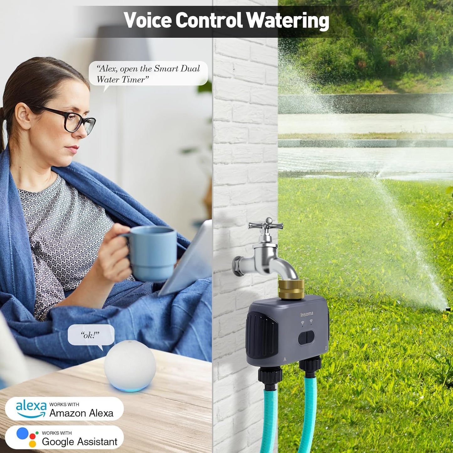 2 Zones WiFi Water Timer Brass Inlet and Outlet, Sprinkler Timer for Garden Hose, APP Remote Control WiFi Hose Timers with Gateway, Voice Control with Alexa, Rain Delay and Manual Mode for Watering
