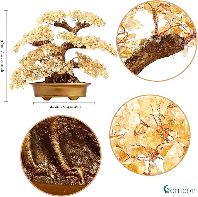 Feng Shui Money Tree Large Pine Tree Style Crystal Quartz Lucky Tree Gem Tree for Office Home Feng Shui Decoration for Wealth/Fortune and Luck (Yellow)
