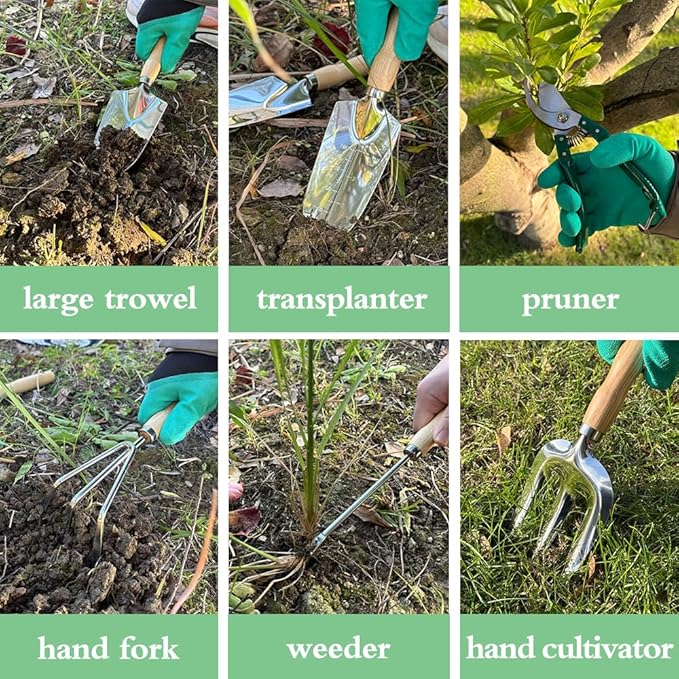 Garden Tool Set of 10 Pieces, Heavy-Duty Stainless Steel Gardening Hand Tools with Repotting Mat and Grow Bags, Gardening Tool Set with Durable Gardening Bag, Ideal Gardening Gifts for Women Men