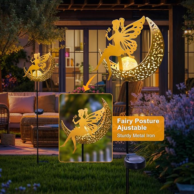 Fairy Moon Solar Lights Outdoor Garden Gifts for Women Yard Decorations Stakes Lights, Waterproof LED Outside Backard Decor, Lawn Patio Ornaments, Mothers Day Birthday Gifts for Mom (Gold,1Pack)