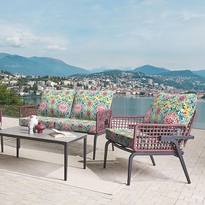 LVTXIII Outdoor Deep Seat Cushion Patio Seat and Back Cushion Set Seasonal Chair Cushion for Dining Arm Chairs, Wicker Chairs and Garden Furniture Decoration, 24"x24"x4", Damask Red