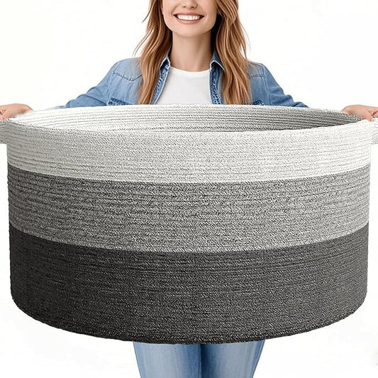 125L Extra Large Blanket Basket, 25" x 16", Jumbo Laundry Woven Baskets Decorative Home, Cotton Rope Basket with Handles, Baby Toy Baskets for Storage, Gradual Gray, 2PC