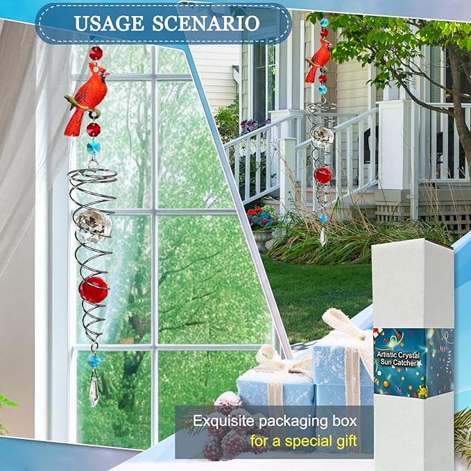 FONMY Cardinal Gazing Ball Spiral Tail Wind Spinner Sun Catcher Rainbow Maker Silver Spiral W/ K9 Crystal Ball Tree Hanging Ornament Indoor Outdoor Garden Decor. 19.5inch H