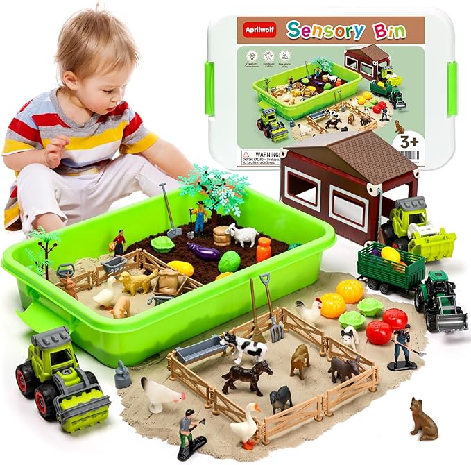 69 PCS Farm Sensory Bin Toys Playset, Sandboxes with Sand, Farmer Tractor & Farm Animals Figures Toys for Kids 3 4 5, Gifts for 6 7 Years Old Boys Girls Toddlers