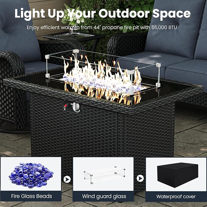 7 Pieces Outdoor Patio Furniture Sets with Rocking Swivel Chairs with 6-inch Thick Cushion and Fire Pit Table for Deck Lawn