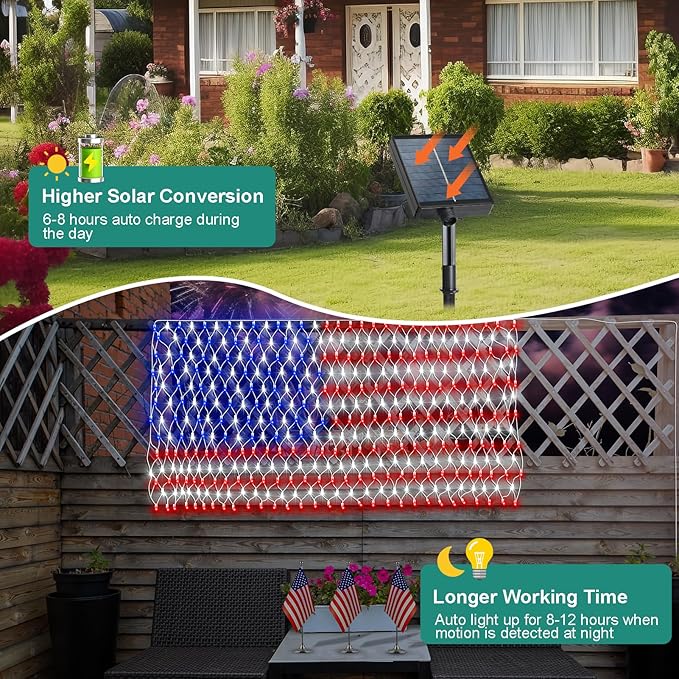 DBFAIRY Solar American Flag Lights Outdoor,420 LEDs American Flag Net Lights 6.5ft x 3.28ft Super Bright,Memorial Day Decorations of The United States for Independence/National/Memorial Day,July 4th
