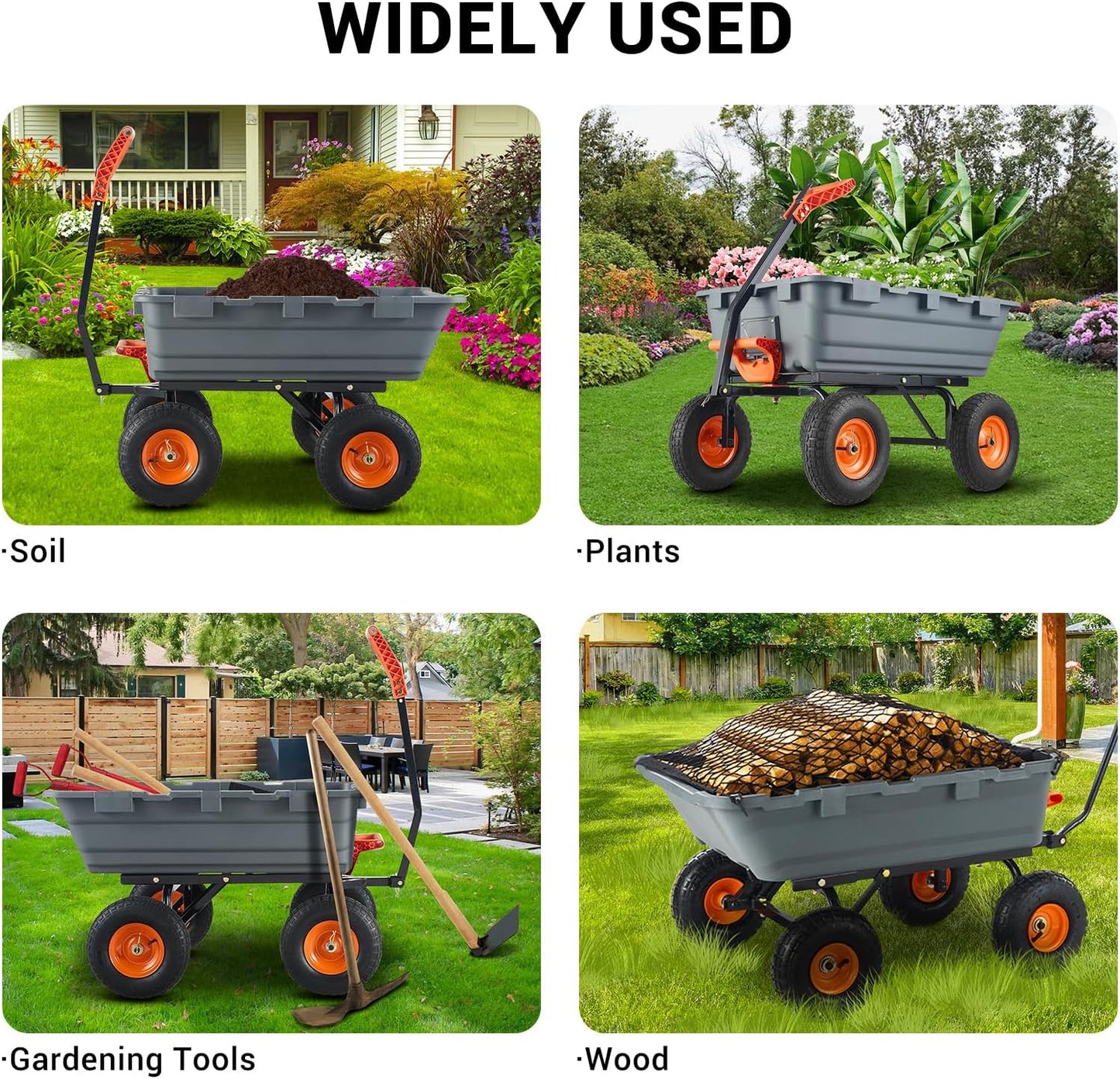 800 Lbs Garden Dump Carts, Heavy Duty Yard Cart, 4 Wheel Wheelbarrow with 10in Tires, Steel Frame and Quick Release System for Plants, Soil, Sand, in Courtyard, Beach, Farm(Gray)