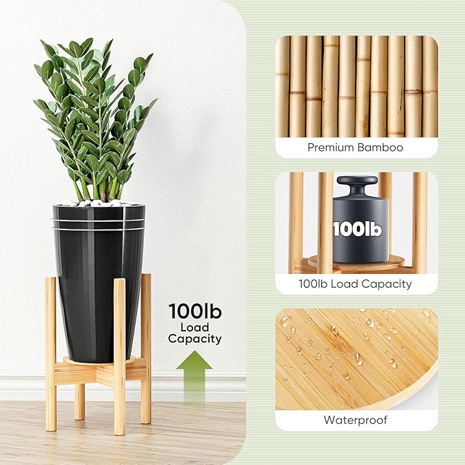 Adjustable Plant Stand, Bamboo Plant Stand Indoor with Tray, Wood Plant Stand for 8 to 12 inches Flower Pots, Single Mid Century Modern Plant Stand for Indoor Plants, Natural