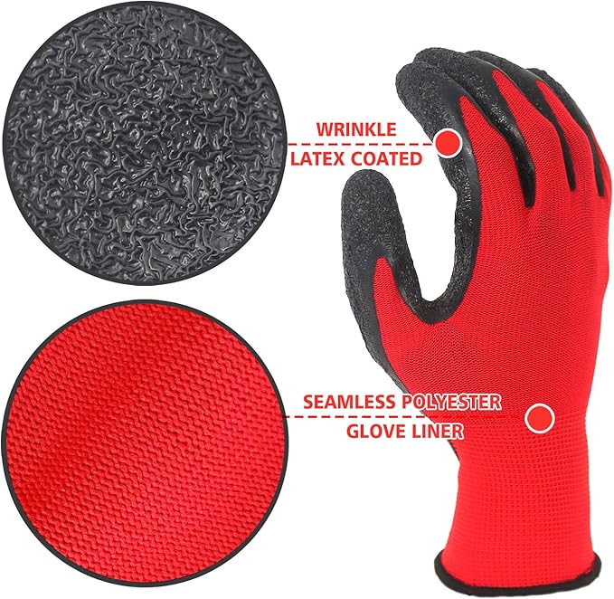 Evridwear Crinkle Latex Rubber Hand Coated Safety Work Gloves for Men Women General Multi Use Construction Warehouse Gardening Assembly Landscaping (XXL-Size) 12 Pairs Pack