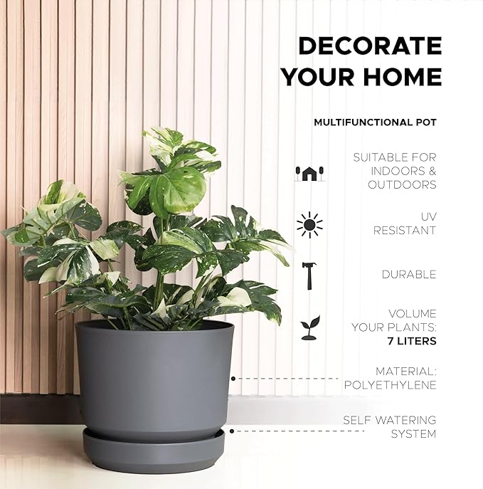 Elly Décor 8 inch Plastic Cylinder Planter Pot with Self-Watering Saucer and Drainage Hole,Lightweight & Extremely Durable, 8"x 8", Gray