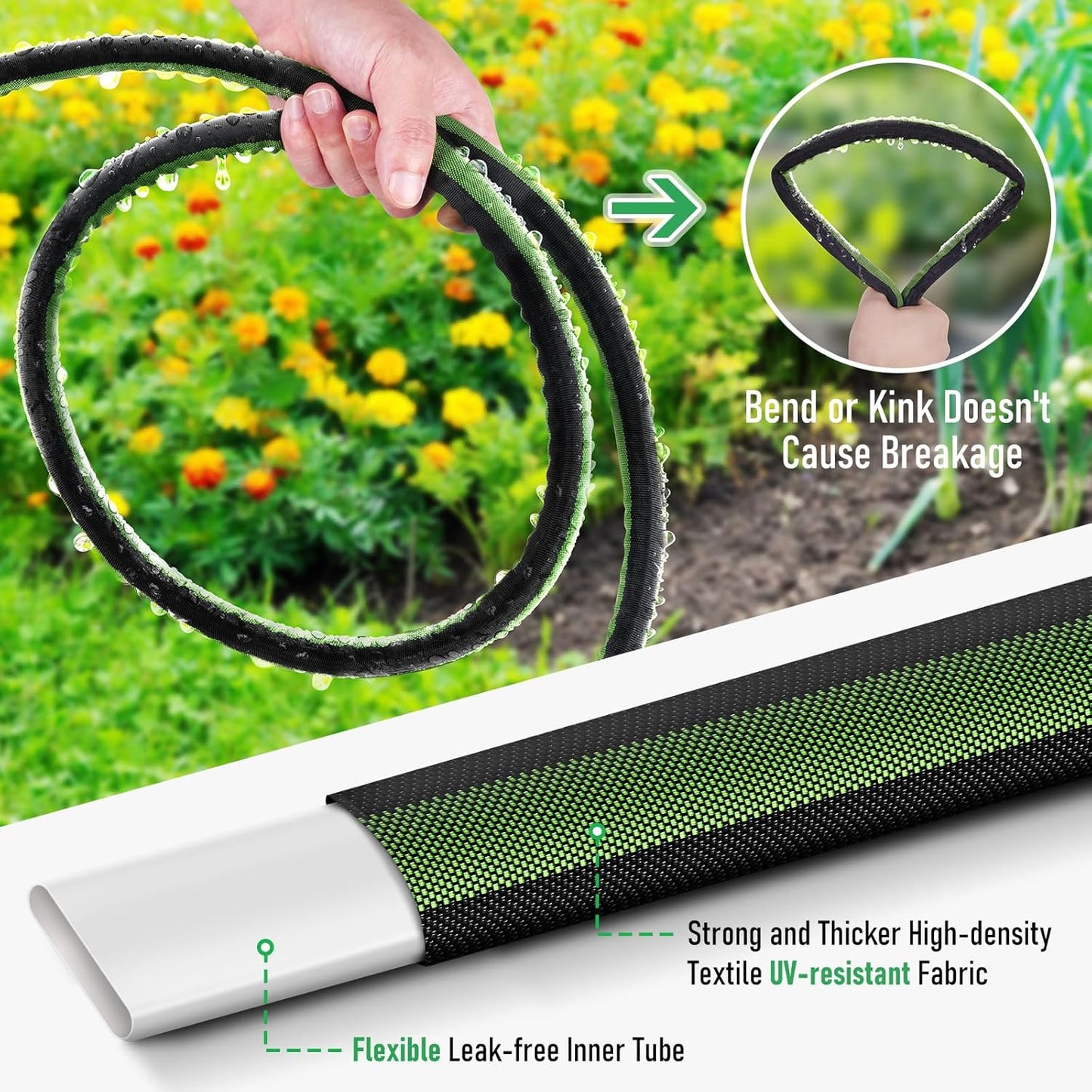 Flat Soaker Hose 10FT for Garden and Lawns, 80% Water-Saving Drip Irrigation Hose with Anodized Aluminum Ends, Flexible Leakproof Double Layer Gardening Hoses ﻿