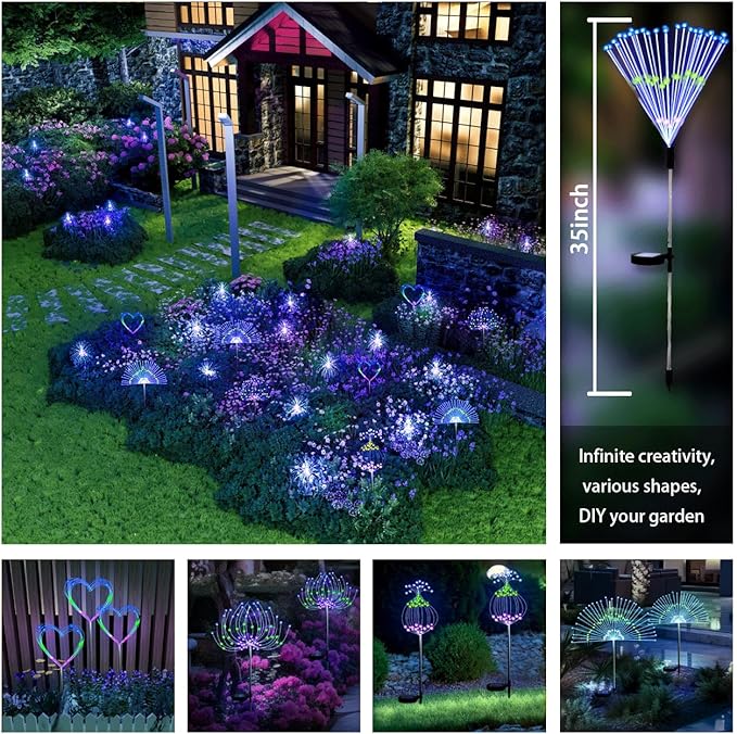 Honche Pack of 4 Upgrade Solar Fireworks 120LEDs Garden Fairy Lights, ROHS CE Certified 120 Led DIY Shapes Multicolored Lights IP65 Weatherproof for Christmas Pathway Parties Garden Decor