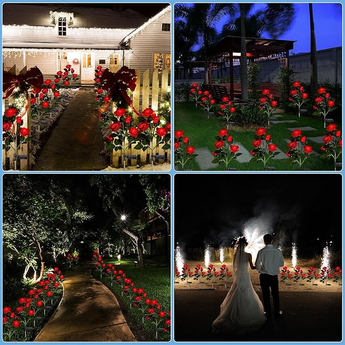 4 Pack Outdoor Solar Flower Lights Waterproof Garden Decorative Lights Outside Solar Powered Pathway Lights with 20 Realistic Rose Flowers for Yard Lawn Pathway Backyard Decor(Red)