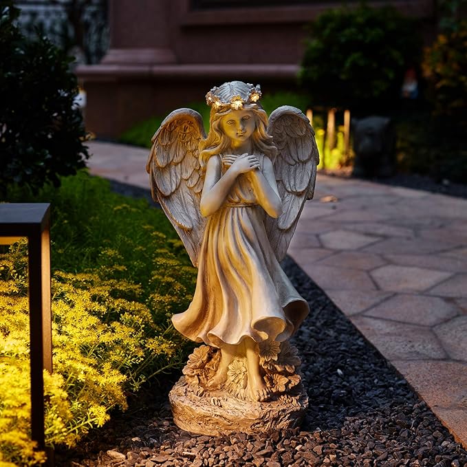 Garden Angel Figurines, Light Up Praying Angel Statues Outdoor Statue with Solar LED Lights for Patio, Lawn, Cemetary Grave Decoration, Sympathy Gift, 16.9" H