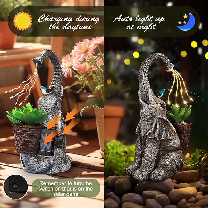 Eletorot Solar Elephant Garden Statues Lights: Garden Decor Elephant Figurines, Yard Decorations for Outdoor, Elephant Gifts for Women Mom Grandma