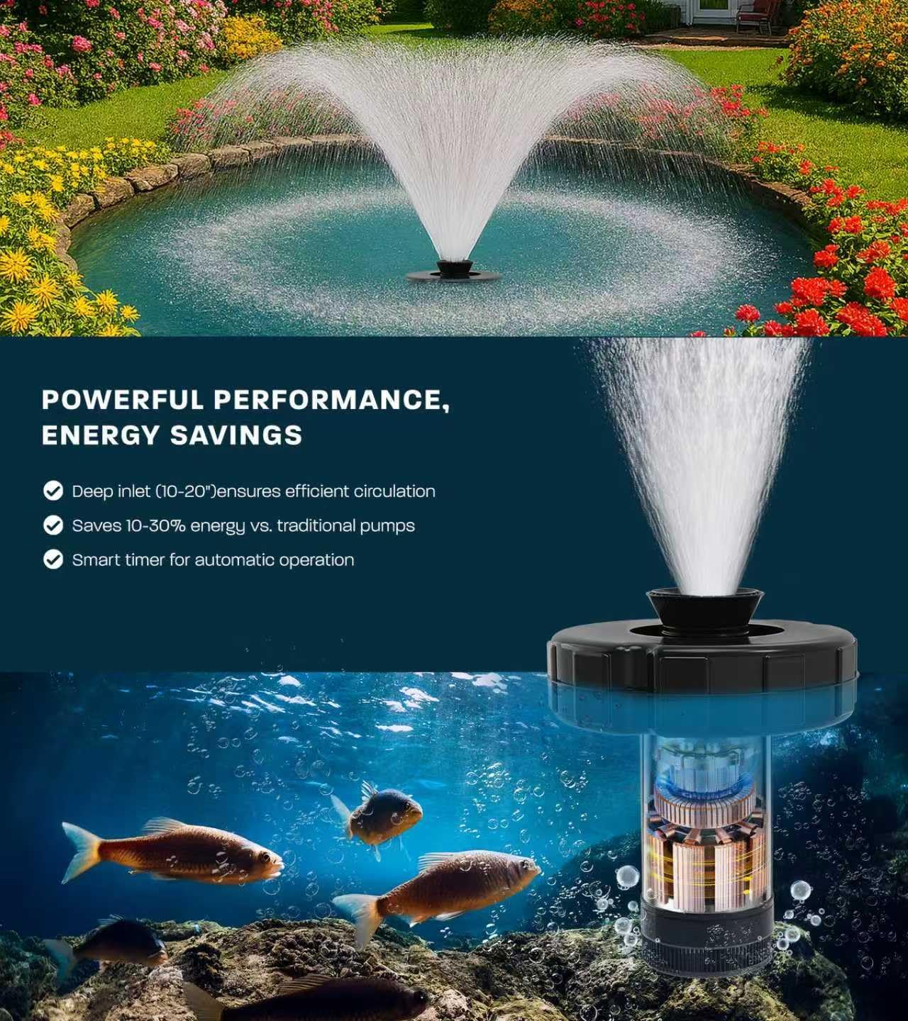 15000 GPH Pond Fountain Aerator, 110V Floating Pond Fountain Pump with Stainless Steel Body, Pond Aerator Pump for Small & Large Ponds and Lakes (Black)