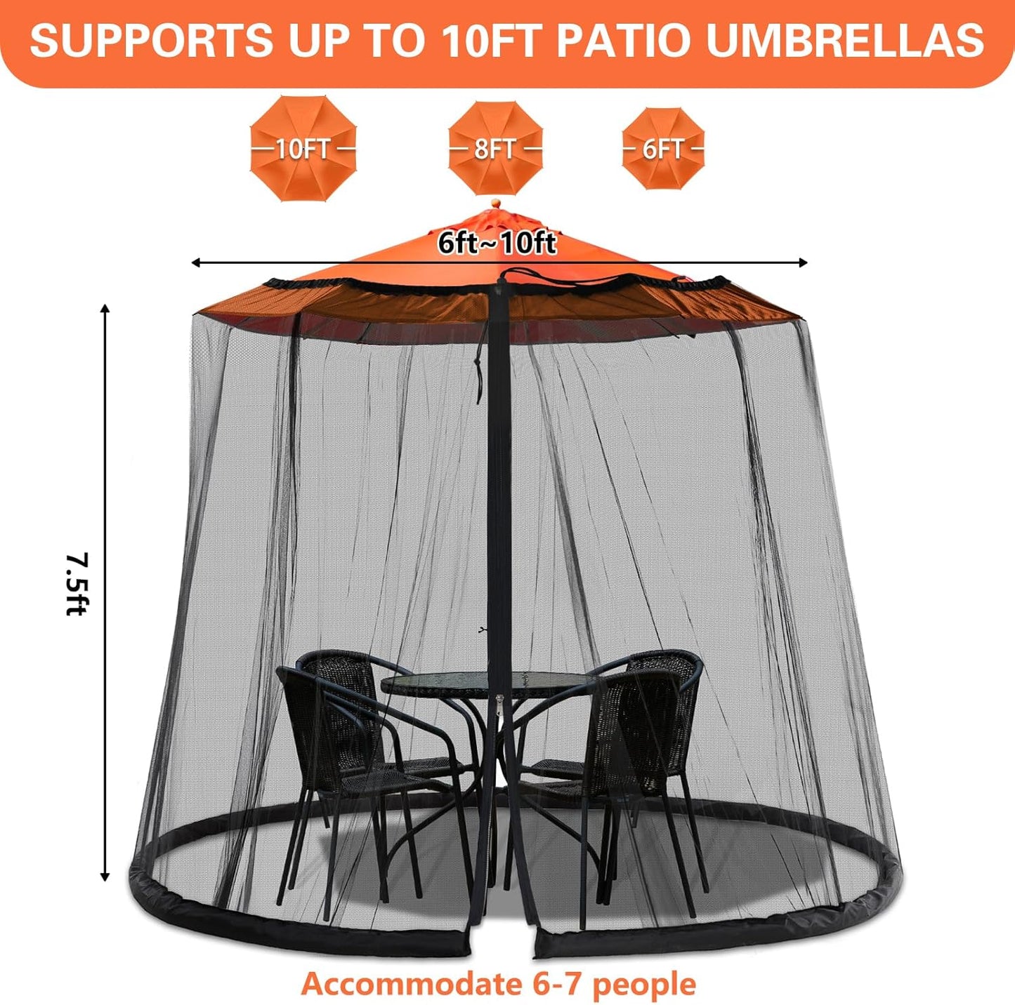 7.5-10FT Mosquito Netting for Patio - Mosquito Net for Patio Garden and Outdoor Umbrellas with Zipper and Adjustable, Umbrella Netting for Outdoor Umbrellas
