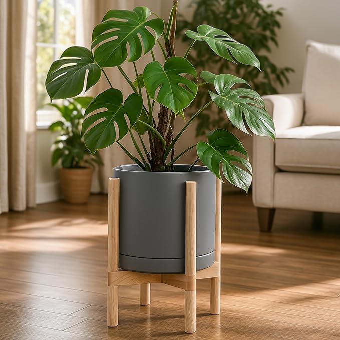 D'vine Dev Ceramic Planter with Natural Stand - 12 Inch Modern Round Flower Pot with Wood Planter Holder, Grey, 55-B-J-3