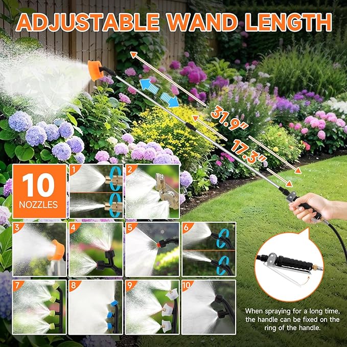 16 Gallon Battery Powered Sprayer,90 PSI Electric Pump,6 Hours Long Battery Life,12V 8Ah Battery,Adjustable HD Wand and 10 Nozzles,Portable Sprayer with Wheels for Lawn & Garden Spraying, Cleaning