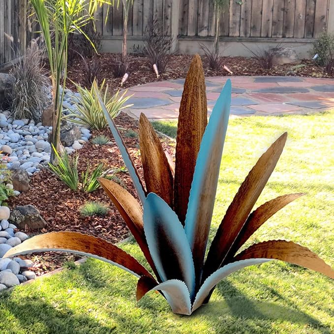 DIY Metal Agave Plant Art Yard Tequila Art Sculpture, Tequila Rustic Garden Sculpture Statue Outdoor Decor,Agave Metal Plants for Yard, Garden Lawn Ornaments (12 Leaves -Blue)