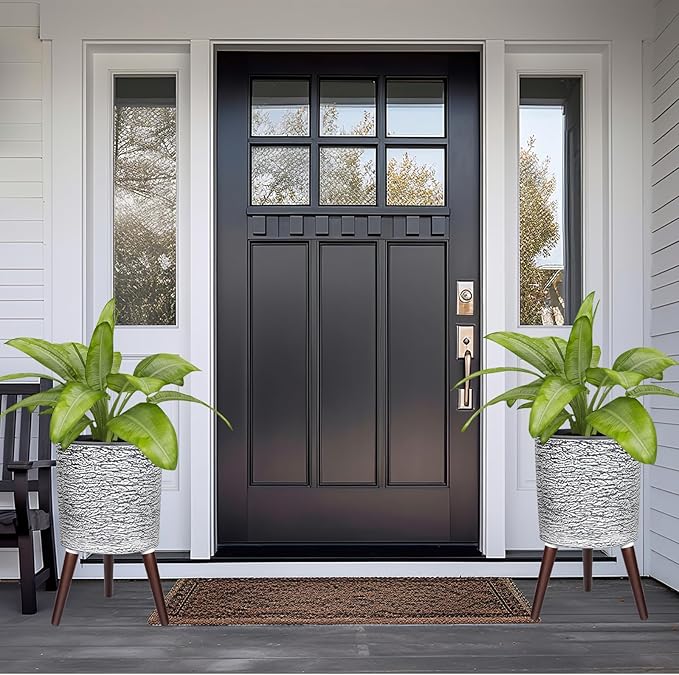 12 Inches Plant Pots with Stand Mid Century Flower Pots with Wood Legs Large Mode Cylinder Planter with Drainage Holes for Indoor Plants,Garden,Decorative-Grey