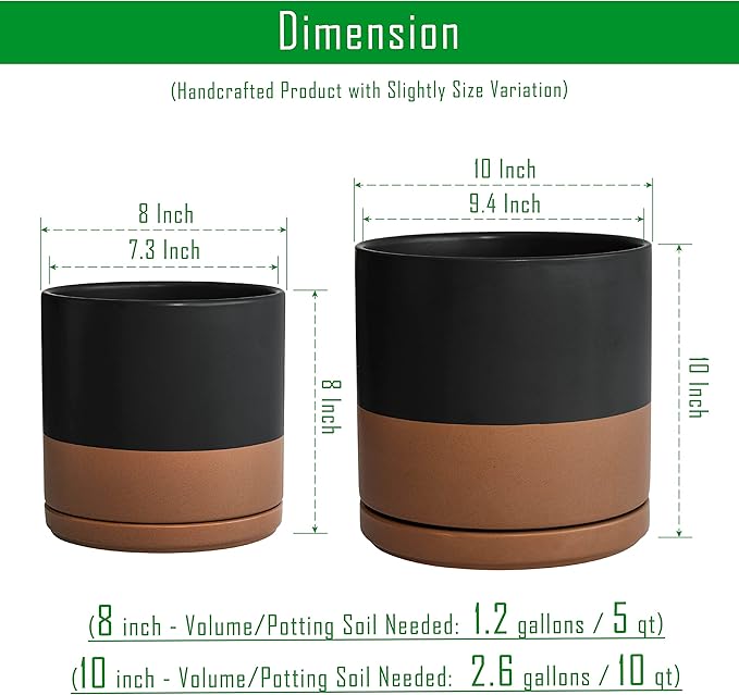 D'vine Dev 8 Inch & 10 Inch Ceramic Planter Pot for Plants with Drainage Hole and Saucer, Large Plant Pots Set, Black/Speckled Tan, 94-G-L-7