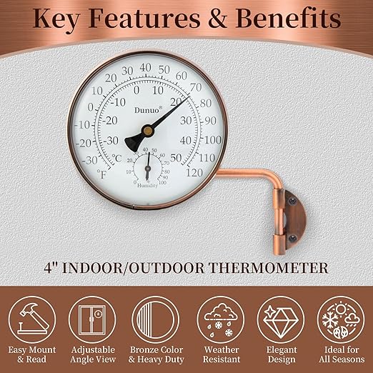 4-Inch Copper Outdoor Thermometer - Analog Temperature Gauge for Patio, Greenhouse and Garage. Decorative, Weather-Resistant, Solid Brass Swivel Design (4inch Thermo&Hygrometer)