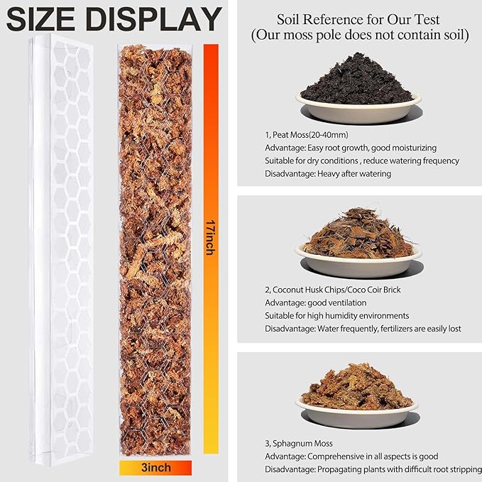 4 Pcs 17 Inch Plastic Moss Pole for Plants Monstera, Stackable Plant Support for Indoor Climbing Plants, Clear Plant Poles with 2pcs Garden Ties Work with Sphagnum Moss