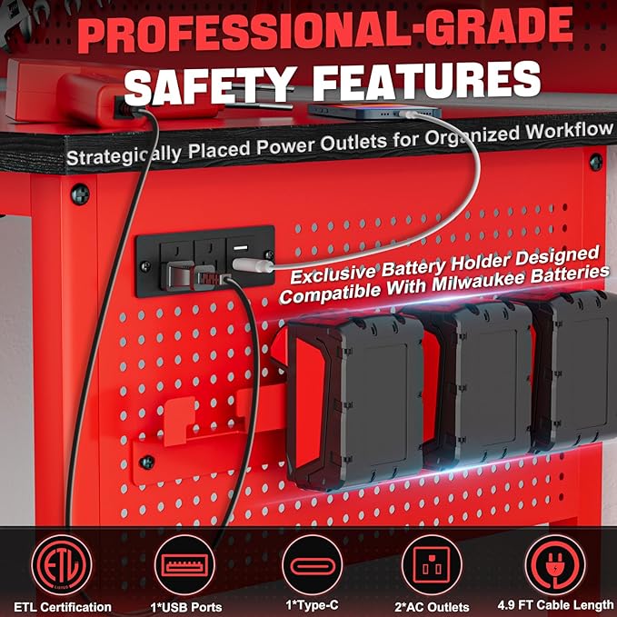 47" Heavy Duty Adjustable Workbench with Power Outlets, Pegboard & Locking Wheels - 2100LB Capacity Garage Work Table, Compatible with Milwaukee Battery, Reinforced Steel Frame for Workshop & Home Use