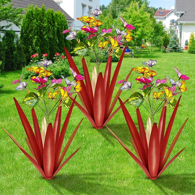 Garden Outdoor Butterfly Enlarge Thickened Wind Resistant Metal Agave Garden Art Metal Plant Country Sculpture Statue Decorations Ornaments Artificial Waterproof Butterflies(red 3pcs)
