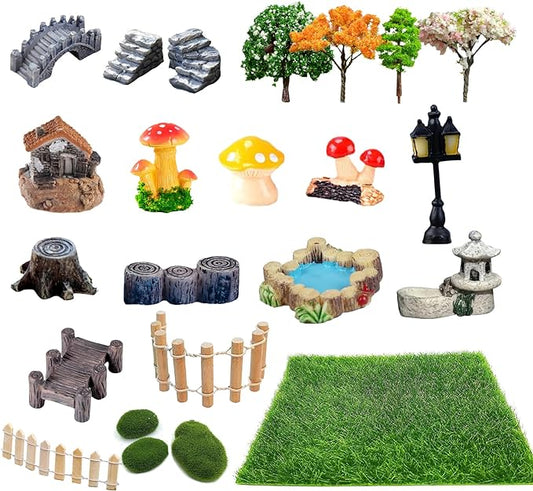 23 Pcs Fairy Garden Miniatures Jumping Spider Enclosure Accessories, Mini Bridge Fence Pond Street Lamps Mushroom Lawn Figurines Garden Decorations for Jumping Spider Habitat