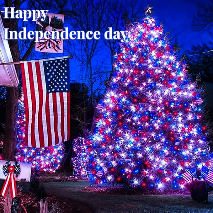 EEW 2pk Red White and Blue Solar String Lights Outdoor Waterproof, Solar Powered LED Patriotic Lights 200 LED, Solar Tree Lights for Independence Day Decor 4th of July Memorial Day Decorations
