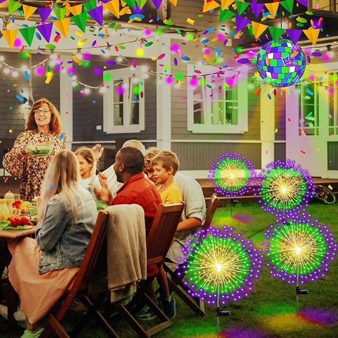 4th of July Decorations Outdoor 4 Pack Solar Power Yard Firework Lights Patriotic Garden Waterproof Solar Lights with 180 LED 8 Modes for Independence Day Party Decoration(Green, Yellow, Purple)