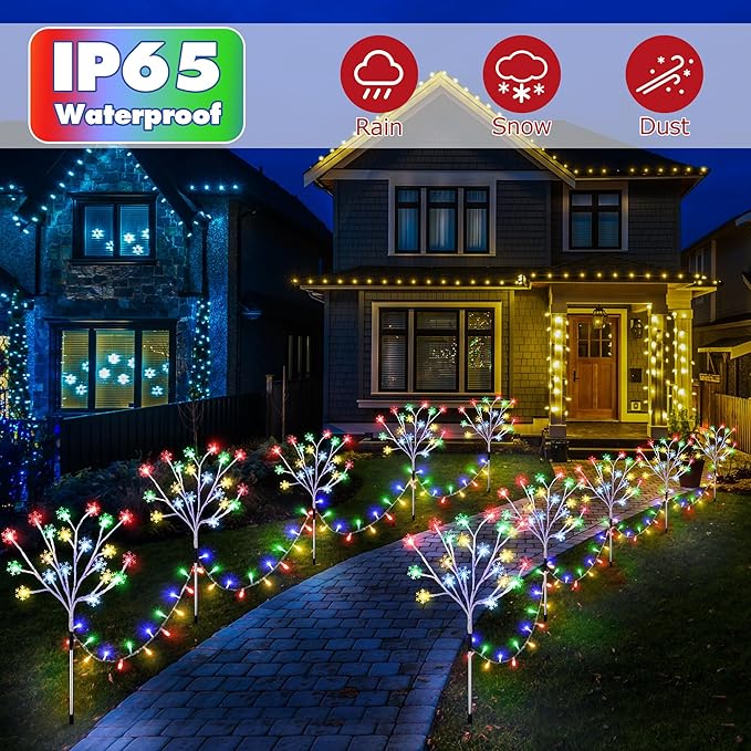 Enhon 5 Pack Snowflake Christmas Pathway Lights, 180 LED Garden Stake Lights with 8 Light Modes and Timer Function, Waterproof Xmas Decoration Tree Light for Outdoor Yard Lawn Patio Decor(Multicolor)