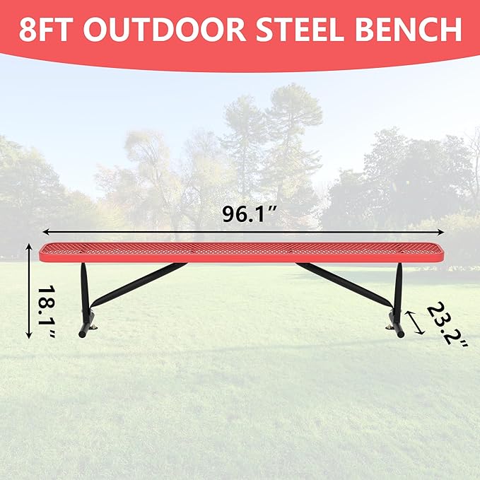 48" L Outdoor Steel Flat Bench, Heavy Duty Metal Park Bench for Outside, Expanded Metal, Commercial Benches Mesh Bench for Shopping Mall, Store, Lawn, Park, Patio, Deck, Garden (Red, 8FT)