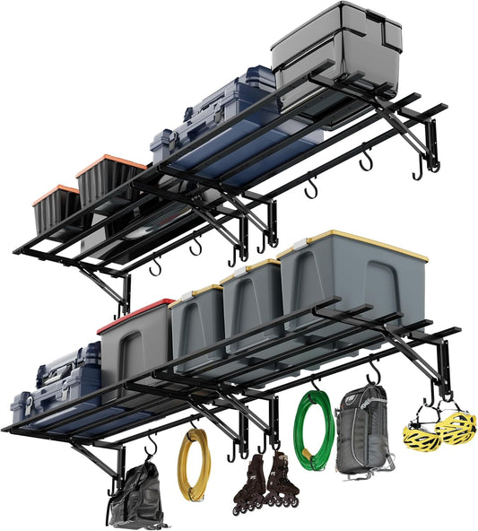 4-Pack Garage Storage System Shelves 3.21x1.64 ft - Compact Folding Wall Shelves for Garage, Sturdy Metal Wall Shelving with Hooks, Versatile Metal Hanging Shelf Design, Sleek Floating Black Shelf