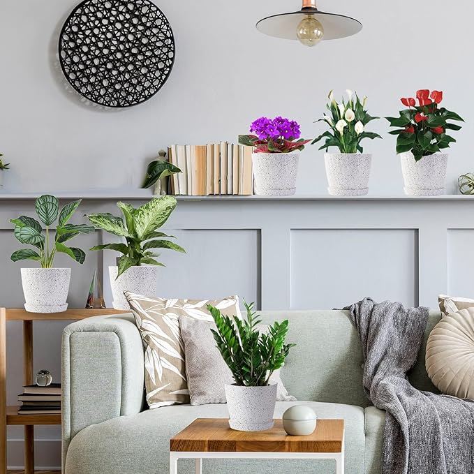 7 Inch Plant Pots Bulk, 6 Pack Plastic Planters with Drainage Holes and Saucers for Indoor Outdoor House Plants and Flowers, White Speckles