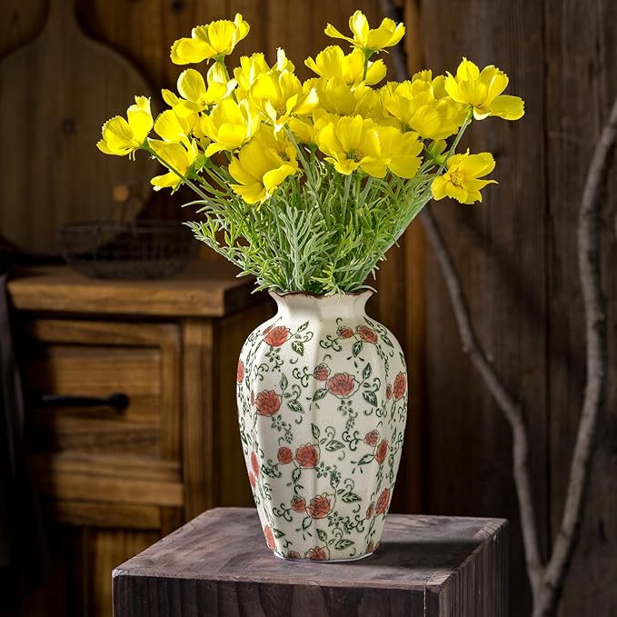 Green&Beige Vintage Octagonal Vase, Red Rose Chinoiserie Floral Vase, Farmhouse Antique Decorative Ceramic Flower Vases for Bouquet, Home Decor, Living Room, Bookshelf, Office, Tuscan Decor 9.1 Inch