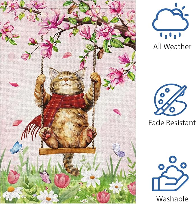 Heyfibro Spring Cute Cat Welcome Garden Flag 12x18 Inch Double Sided Burlap Butterfly Floral Yard Flag for Seasonal Holiday Farmhouse Outdoor Decor(ONLY FLAG)