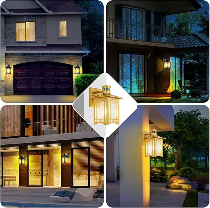 Dusk to Dawn Motion Sensor Light, Outdoor Light Fixture, Golden Wall Sconce Lighting, Front Porch Light, Exterior Lights for House Patio, Outside Door Lights, Wall Mount Anti-Rust Lantern