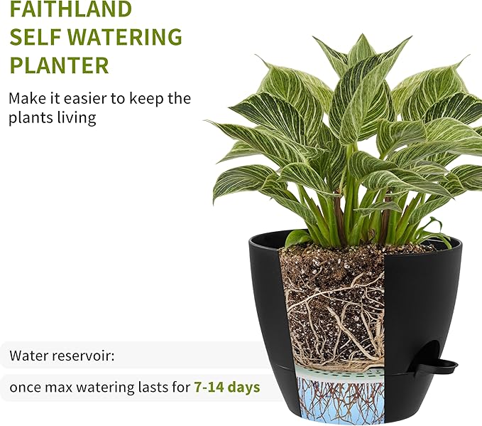 FaithLand 3-Pack Large Planter Pots, 12 10 9 Inch Self Watering Flower Pots for Indoor Outdoor Garden Plants, Black