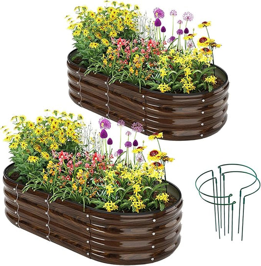 Galvanized Metal Raised Garden Bed Kit for Gardening Outdoor Planter Grow Garden Box Raised Flower Bed Galvanized Planter Outdoor Brown 2PC