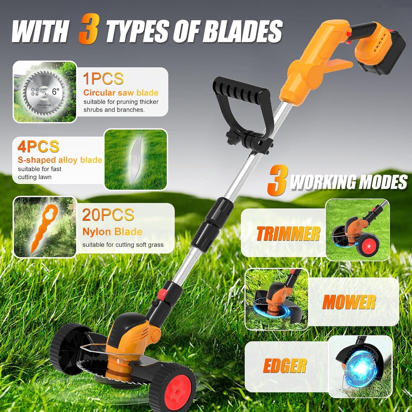 Electric Weed Wacker Eater Cordless String Trimmer Battery Powered, 21V/4000mAh Grass Trimmer Battery Operated Brush Cutter, 3 in 1 Lightweight Weed Trimmer/Lawn Edger/Trimmer Edger for Yard Garden